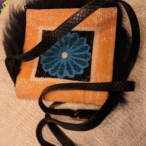 Fendi beaded snakeskin beaded clutch with Fox Fur trim